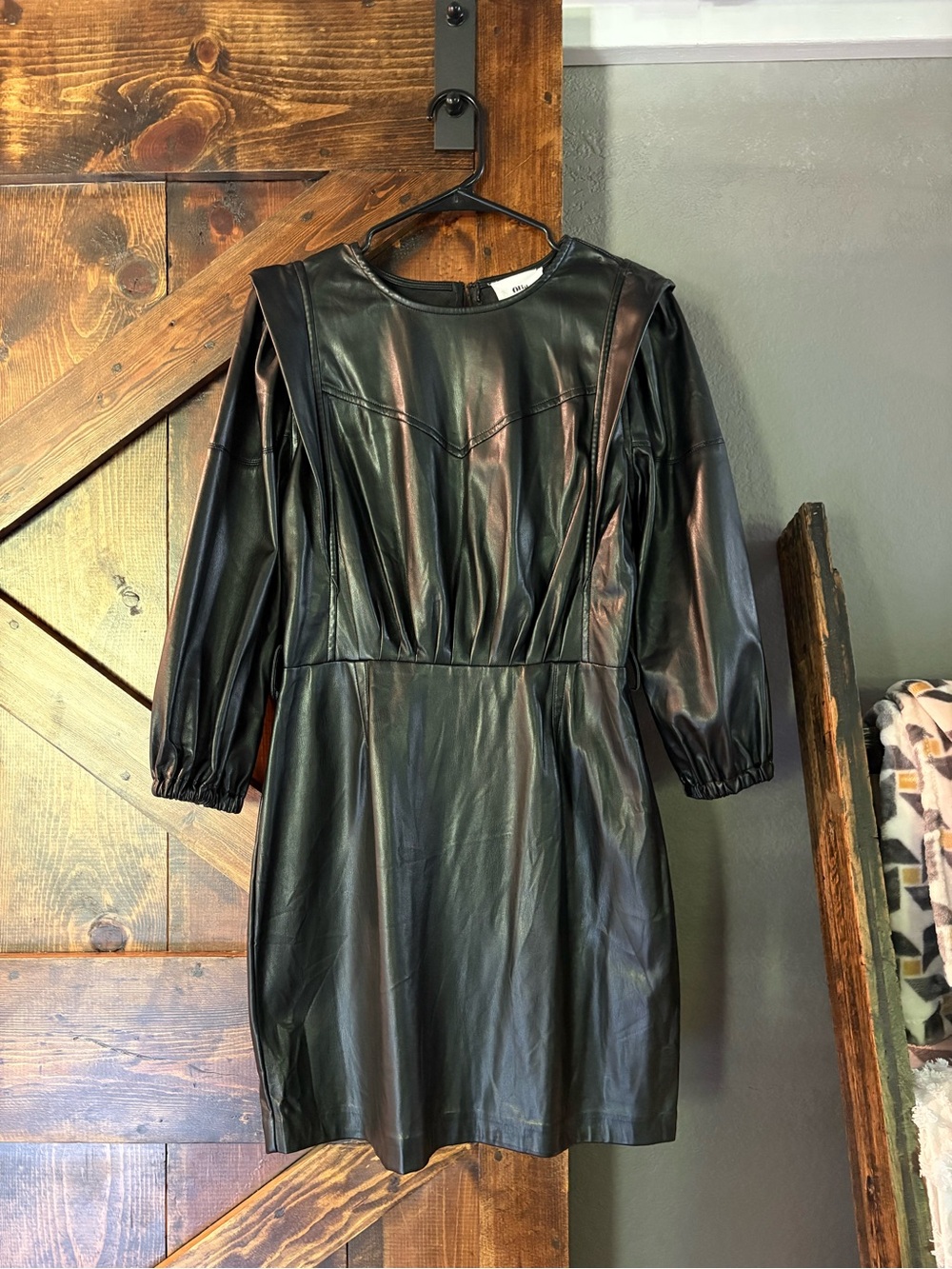 Black Faux Leather Long Sleeve Dress with Padded Shoulders